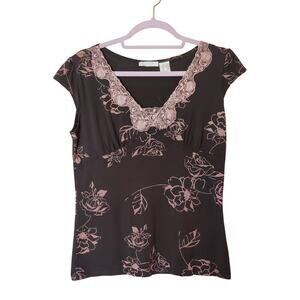 Vtg Y2K Brown Floral Babydoll Top Large 10/12 Pink Lace Trim Preppy Fairy core